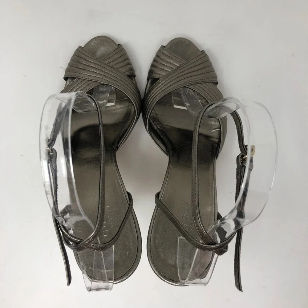 Gucci Sand Pelle Cuoio Sasso Stiletto Heels Womens 8.5 Champaign Metallic Party - Picture 5 of 15